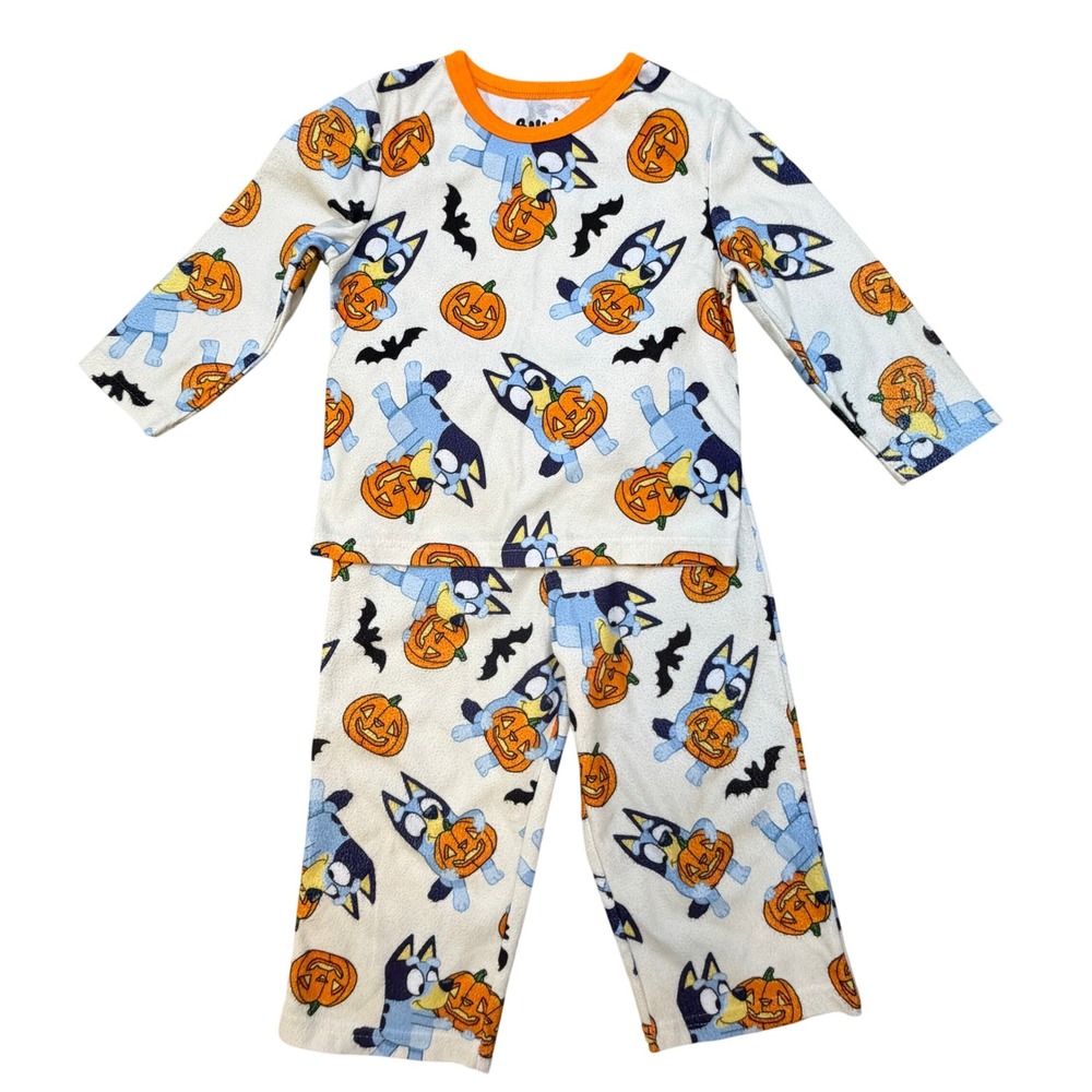 Bluey Pajamas‎ Halloween Fleece Pumpkin Bat Print Cream Orange Kids 3T 2 Pc Set